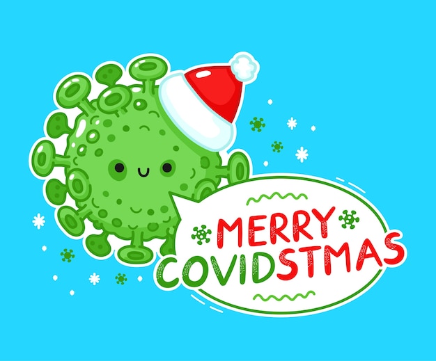 Célula de virus aterrador en carácter de sombrero de navidad. Tarjeta de feliz navidad. icono de ilustración de personaje kawaii de dibujos animados de línea plana