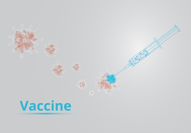Células de virus poligonales bajas brillantes futuristas y jeringa con vacuna imuunization