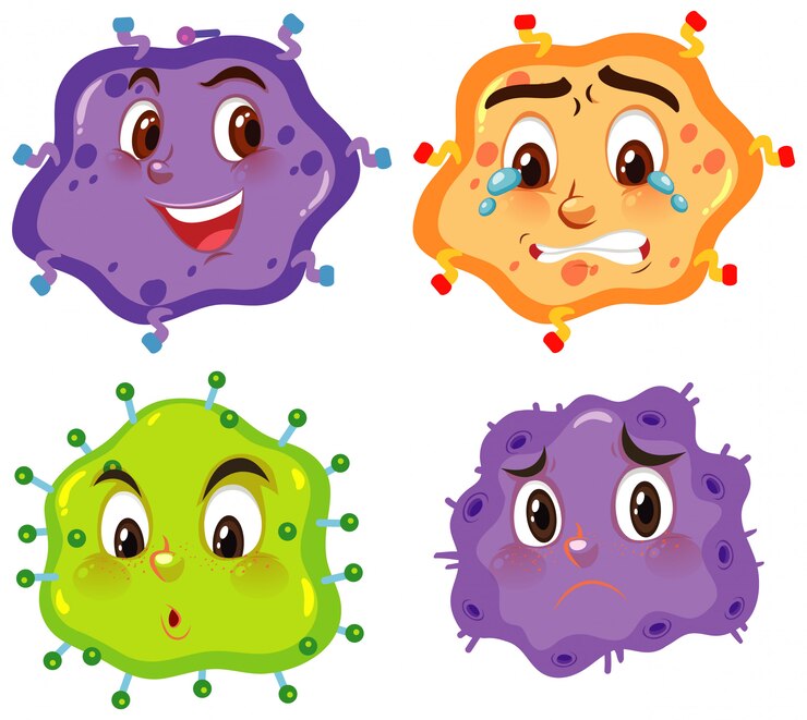 Vector células de virus sobre fondo blanco con diferentes expresiones.