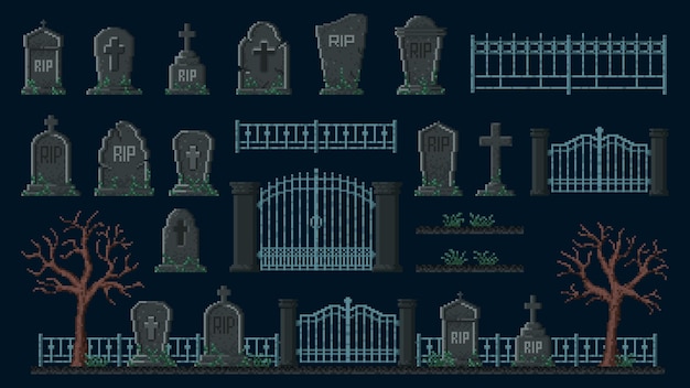 Vector cementerio 8 bits juego de píxeles activo cerca de lápida