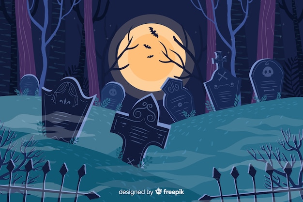 Vector cementerio en un fondo de luna llena de halloween