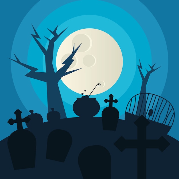 Cementerio de halloween y árbol en el diseño de la noche, tema aterrador