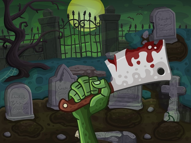 Cementerio y mano zombie con cuchillo de carnicero