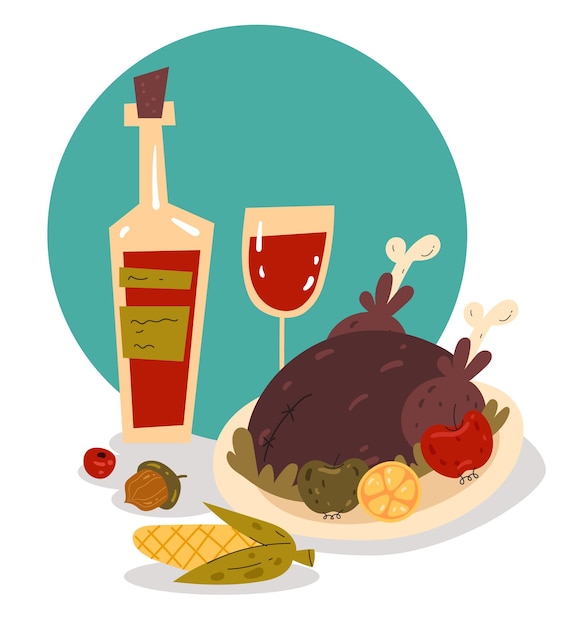 Cena de Acción de Gracias con pavo y calabaza vector ilustración de diseño gráfico plano