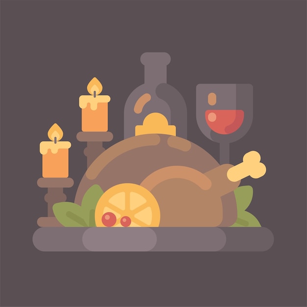 Cena de acción de gracias con velas ilustración plana. pavo asado y vino