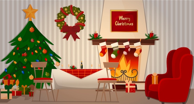 Cena casera en familia. chimenea, sillón, árbol de navidad, mesa festiva y regalos.