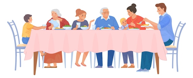 Cena familiar Dibujos animados gente feliz comiendo en la mesa