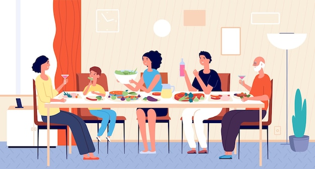 Cena familiar. Gente comiendo, comidas de vacaciones en casa. Comedor o sala de estar, hombre mujer niños sentados a la mesa
