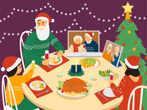 Cena familiar de navidad. los padres y el niño sentado a la mesa con navidad