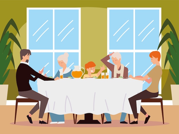 Cena familiar, padre, madre, hijo, abuela en la ilustración de la mesa