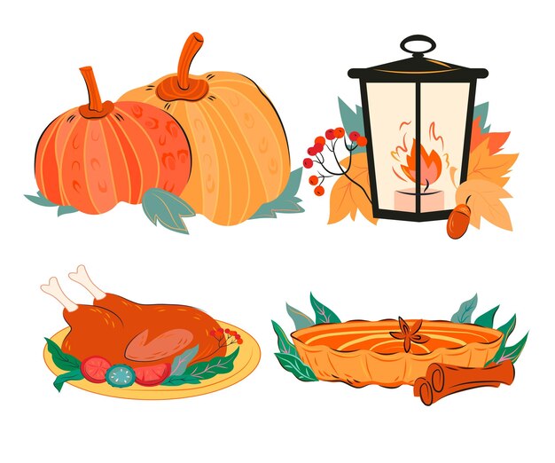 Cena de fiesta de otoño y conjunto de decoración de vacaciones de ilustración de vector plano aislado