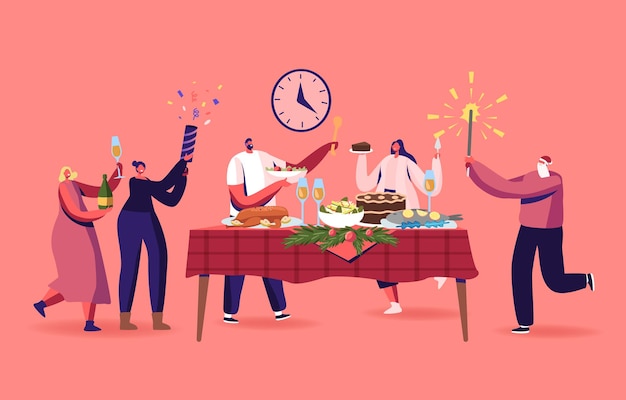 Cena de navidad de familiares o amigos, personajes masculinos y femeninos felices celebrando las vacaciones de navidad en la mesa con comidas tradicionales de pavo y ramas de abeto decoradas. ilustración de vector de gente de dibujos animados