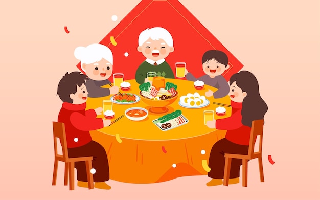 Cena de reunión de año nuevo chino ilustración cena de año nuevo familiar cartel de evento de año nuevo