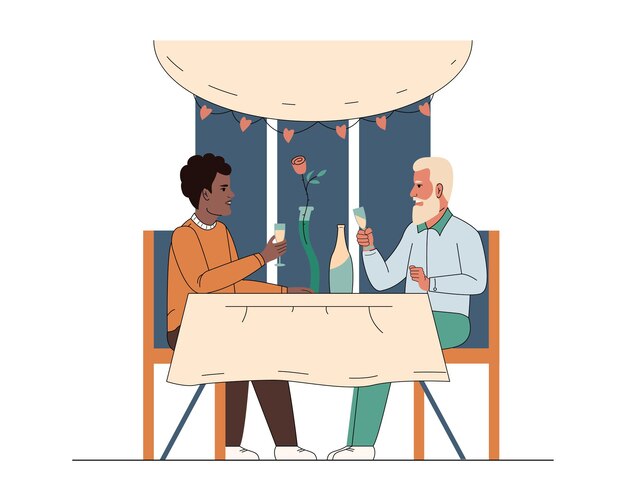 Cena romántica de pareja gay en restaurante Hombres de diferentes edades y razas celebran aniversario