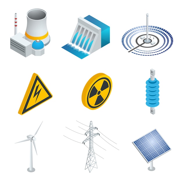 Central nuclear, central solar, turbina eólica, panel solar, central hidroeléctrica. Conjunto isométrico plano 3d. Ilustración vectorial de iconos industriales