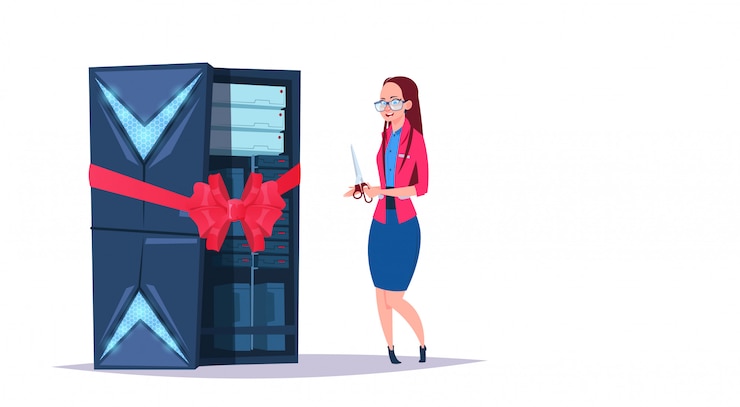 Vector centro abierto de almacenamiento de datos con servidores de alojamiento y personal. nueva red de tecnología informática y soporte de comunicación de centro de internet de base de datos