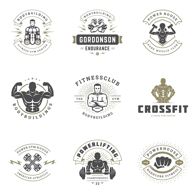 El centro de aptitud y los logotipos y las insignias del gimnasio del deporte diseñan el ejemplo determinado del vector.