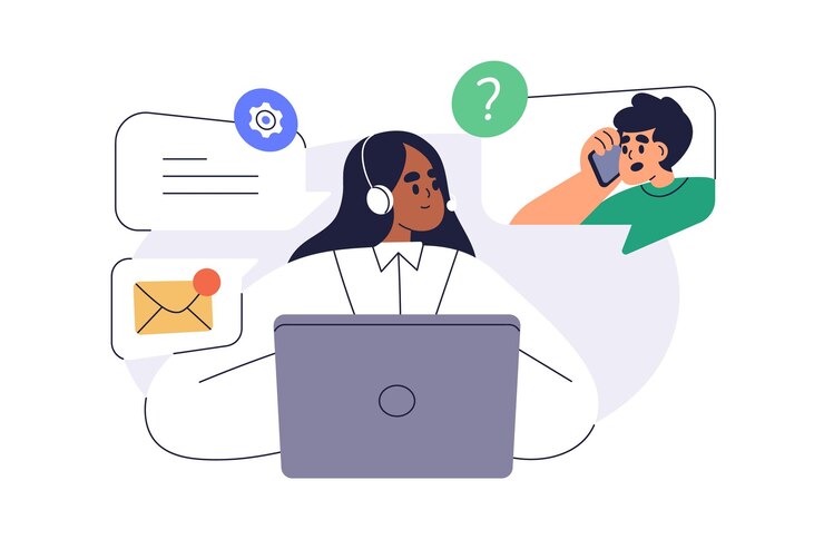 Vector centro de atención al cliente ayuda y asistencia en línea para clientes solución de problemas de comunicación con un consultor en el helpdesk ilustración vectorial plana aislada sobre fondo blanco