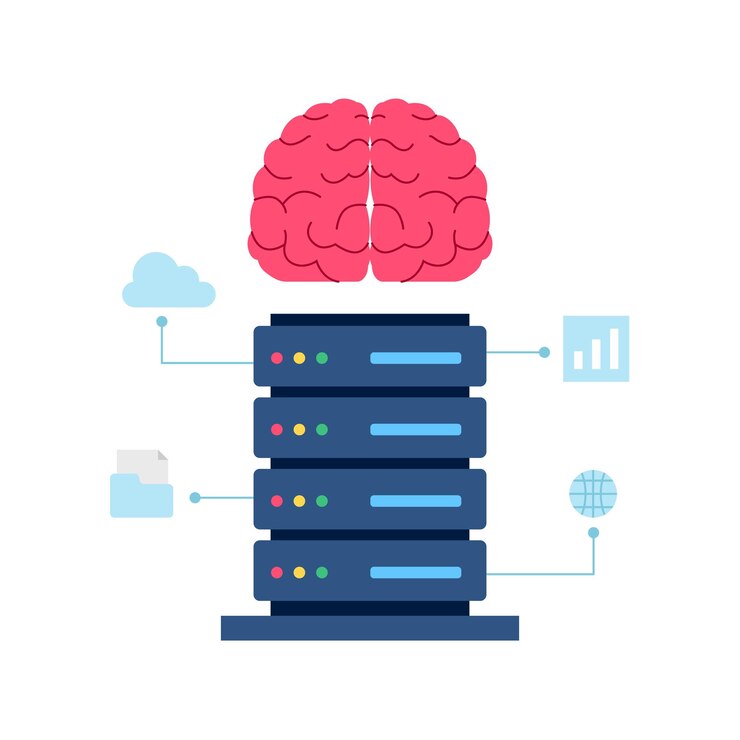 Vector centro de base de datos servidor inteligencia artificial tecnología futura big data pensamiento y análisis procesamiento ilustración plana
