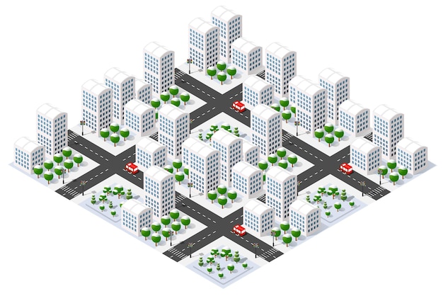 Centro de la ciudad isométrico moderno con rascacielos y árboles cubiertos de nieve