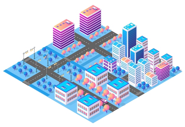 Centro de la ciudad isométrico moderno con rascacielos y carreteras