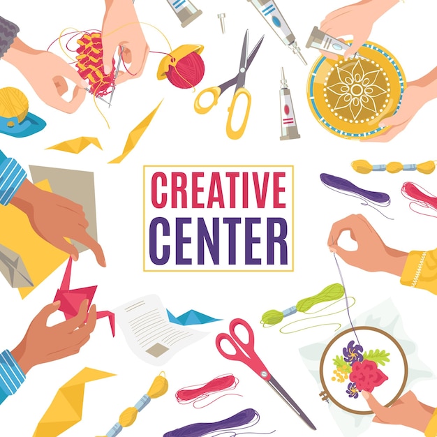 Centro creativo con trabajos de artesanía, niños dibujando con banner a lápiz
