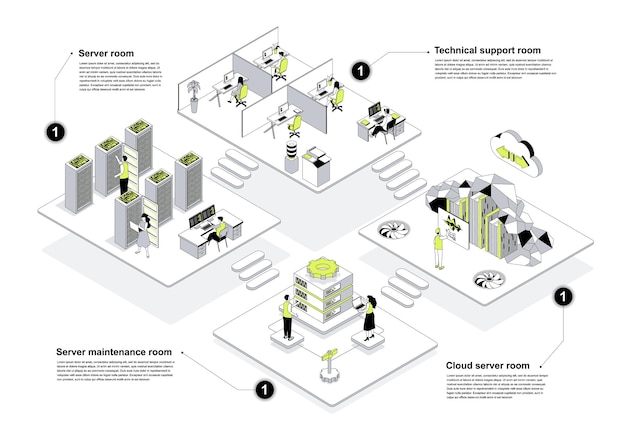 Centro de datos concepto isométrico 3d en el diseño de esquema para la web Personas que trabajan en salas de isometría en salas de soporte técnico mantenimiento de servidores y departamentos de procesamiento en la nube Ilustración vectorial