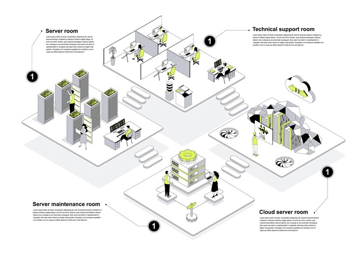 Vector centro de datos concepto isométrico 3d en el diseño de esquema para la web personas que trabajan en salas de isometría en salas de soporte técnico mantenimiento de servidores y departamentos de procesamiento en la nube ilustración vectorial