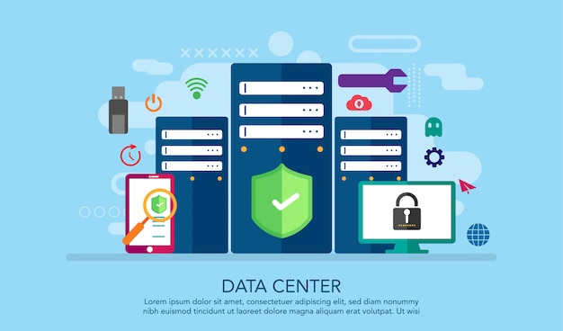 Centro de datos data center concepto de diseño plano, fondo de concepto de página de destino