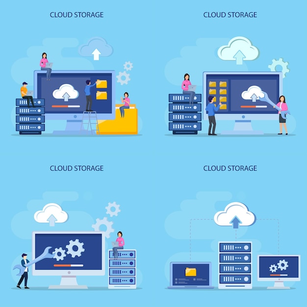 Centro de datos Hosting almacenamiento en la nube servidor almacenamiento Big data vector plano