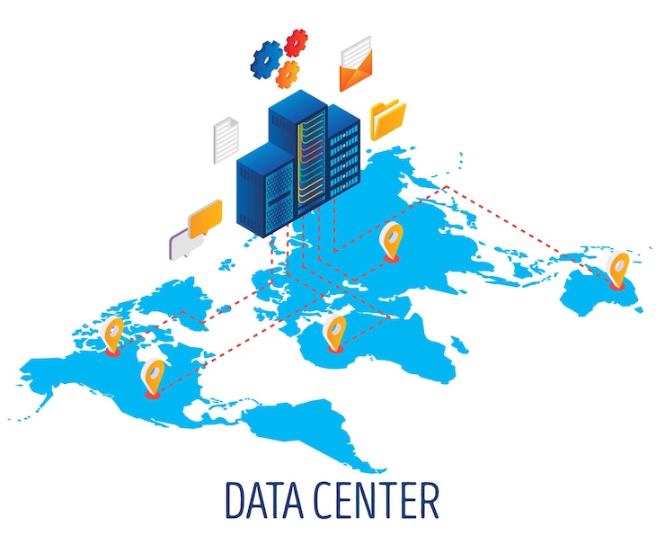 Vector centro de datos, ilustración isométrica del concepto de vector de alojamiento