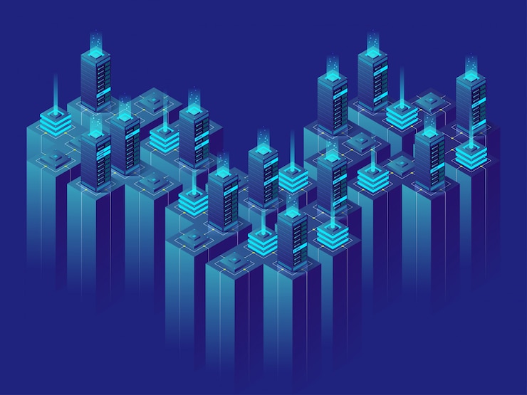 Vector centro de datos de sala de servidor de concepto de ilustración isométrica