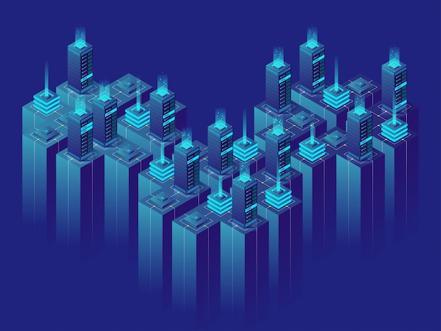 Vector centro de datos de sala de servidor de concepto isométrico