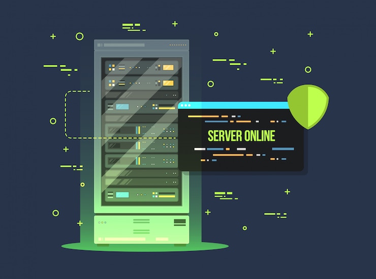 Vector centro de datos y sala de servidores. almacenamiento de datos y servicio de intercambio ilustración plana. equipo de servicio en la nube con panel de control.