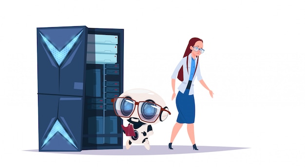 Centro de inteligencia artificial de almacenamiento de datos con servidores de alojamiento y personal. Concepto de cybermind de soporte de comunicación de robot de computadora