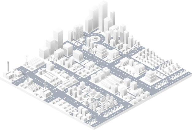 Centro isométrico de vector de la ciudad en el mapa con una gran cantidad de edificios, rascacielos, fábricas, parques y vehículos. Vista isométrica de un gran negocio de la ciudad moderna.