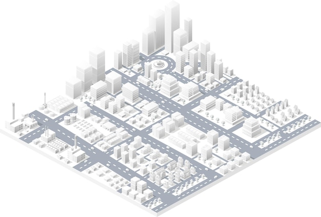 Centro isométrico de vector de la ciudad en el mapa con una gran cantidad de edificios, rascacielos, fábricas, parques y vehículos. vista isométrica de un gran negocio de la ciudad moderna.