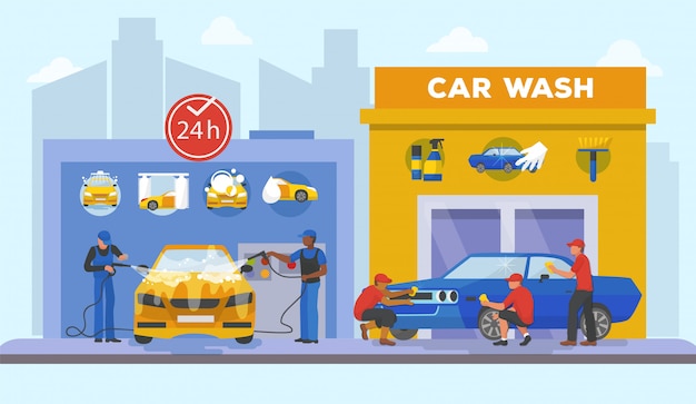 Centro de lavado de autos servicio completo día y noche ilustración. Hombres en uniforme lavando autos con agua jabonosa, otros hombres compañeros puliendo autos hasta que brille.