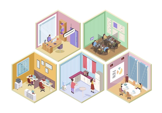 Centro de llamadas 3d salas isométricas concepto en isometría diseño gráfico para la web personas que trabajan como operadores en los lugares de trabajo presidente en su oficina equipo reunión empleados en la cocina ilustración vectorial
