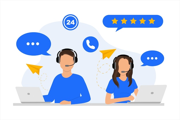 Centro de llamadas de atención al cliente de la línea directa Los operadores de la línea directa con auriculares están sentados en su computadora y hablando con el cliente Soporte en línea las 24 horas Servicio al cliente en línea Ilustración vectorial