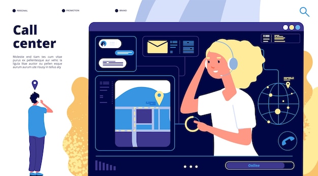 Centro de llamadas. los clientes conversan con el operador de soporte. página de inicio de vector de negocio en línea digital de telemarketing.