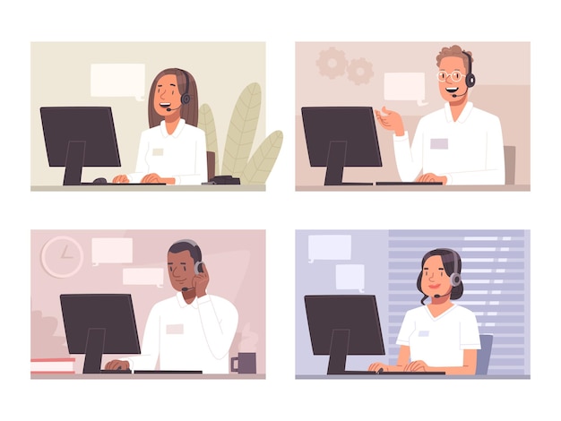 Centro de llamadas Línea directa Personal de soporte al cliente con operadores de auriculares Ilustración vectorial