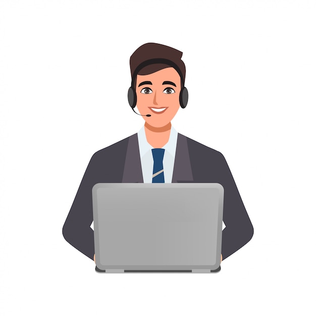Centro de llamadas o servicio al cliente de carácter empresario posan con una computadora portátil y un teléfono con auriculares.