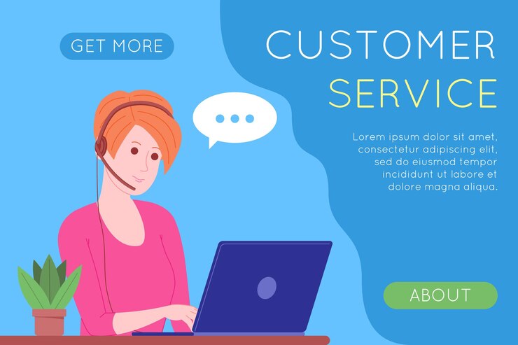 Vector centro de llamadas, servicio al cliente, página de destino de soporte y asistencia. operador de mujer de línea directa con auriculares y computadora portátil. concepto de telemarketing y consulta. ilustración vectorial de dibujos animados.