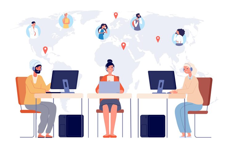Vector centro de llamadas en todo el mundo. póngase en contacto con el servicio de ayuda, consulta internacional multilingüe para diferentes clientes concepto de vector