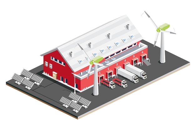 Centro logístico de distribución isométrica con paneles solares con turbinas eólicas