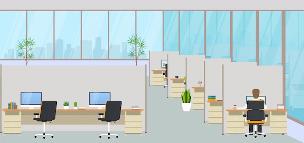 Centro de oficinas moderno con lugares de trabajo y empleados. espacio de trabajo vacío para coworking, sala de negocios de diseño con grandes ventanales, muebles en el interior, escritorios y sillas, equipo informático.