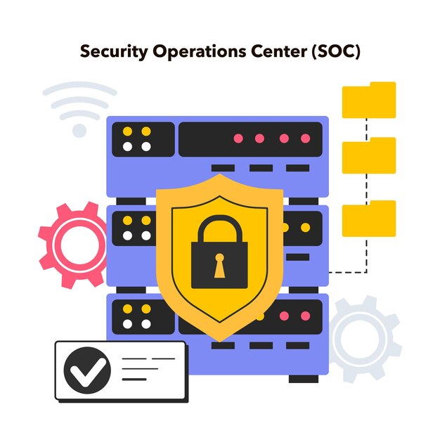 Centro de operaciones de seguridad Protección contra amenazas cibernéticas y mantenimiento de la seguridad Monitoreo de la red de una organización e investigación de posibles incidentes de seguridad Ilustración de vector plano