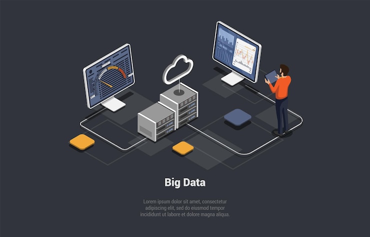 Vector centro de procesamiento de datos grandes sala de servidores de bases de datos en la nube con bastidores de hardware código de software telón de fondo de internet industrial ágil controles de trabajo almacenamiento de datos grandes ilustración vectorial 3d isométrica
