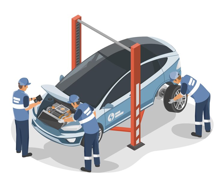 Vector centro de servicio de vehículos eléctricos ev inspector de inspección ingeniero automotriz y técnico de motores mantenimiento